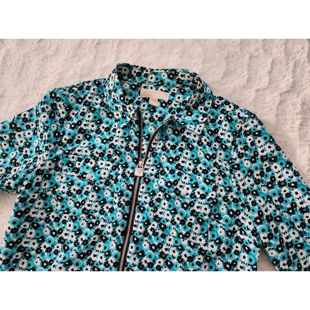 Michael Michael Kors Women's Large Blue Floral Zip Front Utility Shirt Blouse L